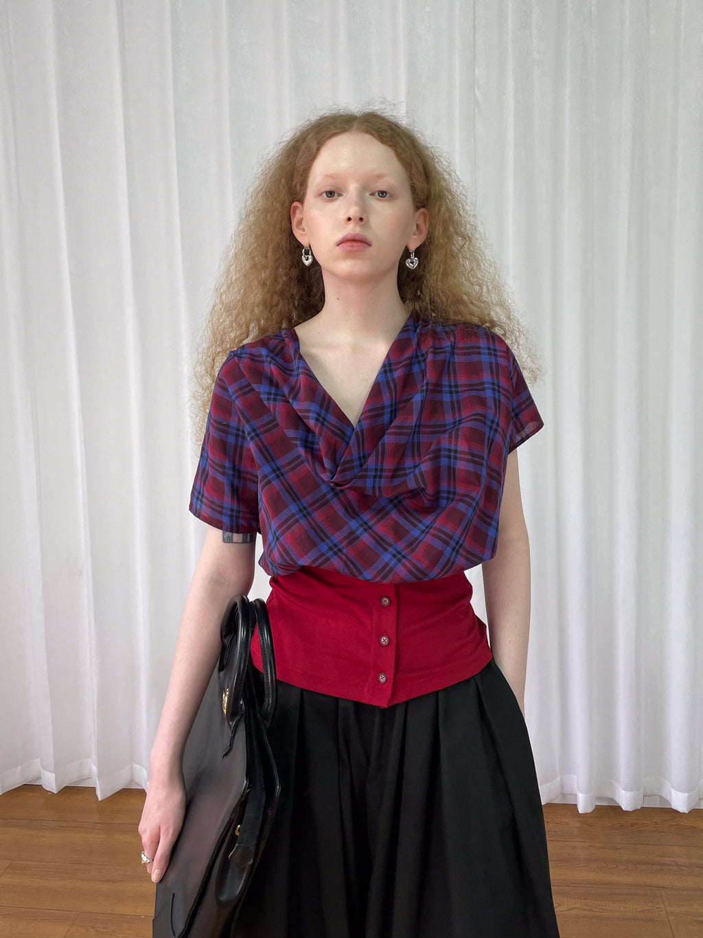 Collar short-sleeved check shirt