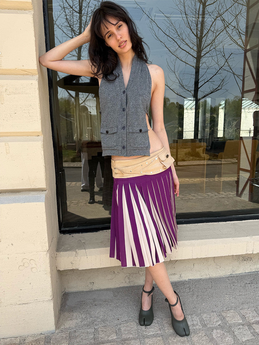 Purple color-blocked pleated skirt