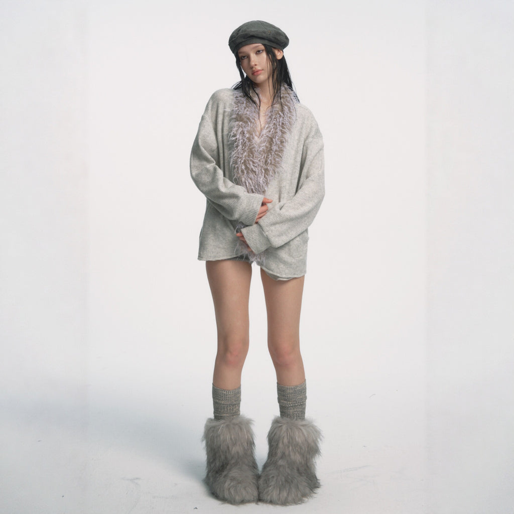 Faux Fur Collar Knit Cardigan