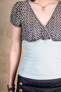 Ocean Blue Love Puff Sleeve Crossover Neck Top (Pre-order)