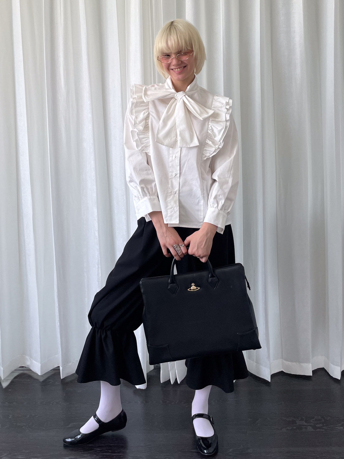 Bow Collar Lace-up Shirt