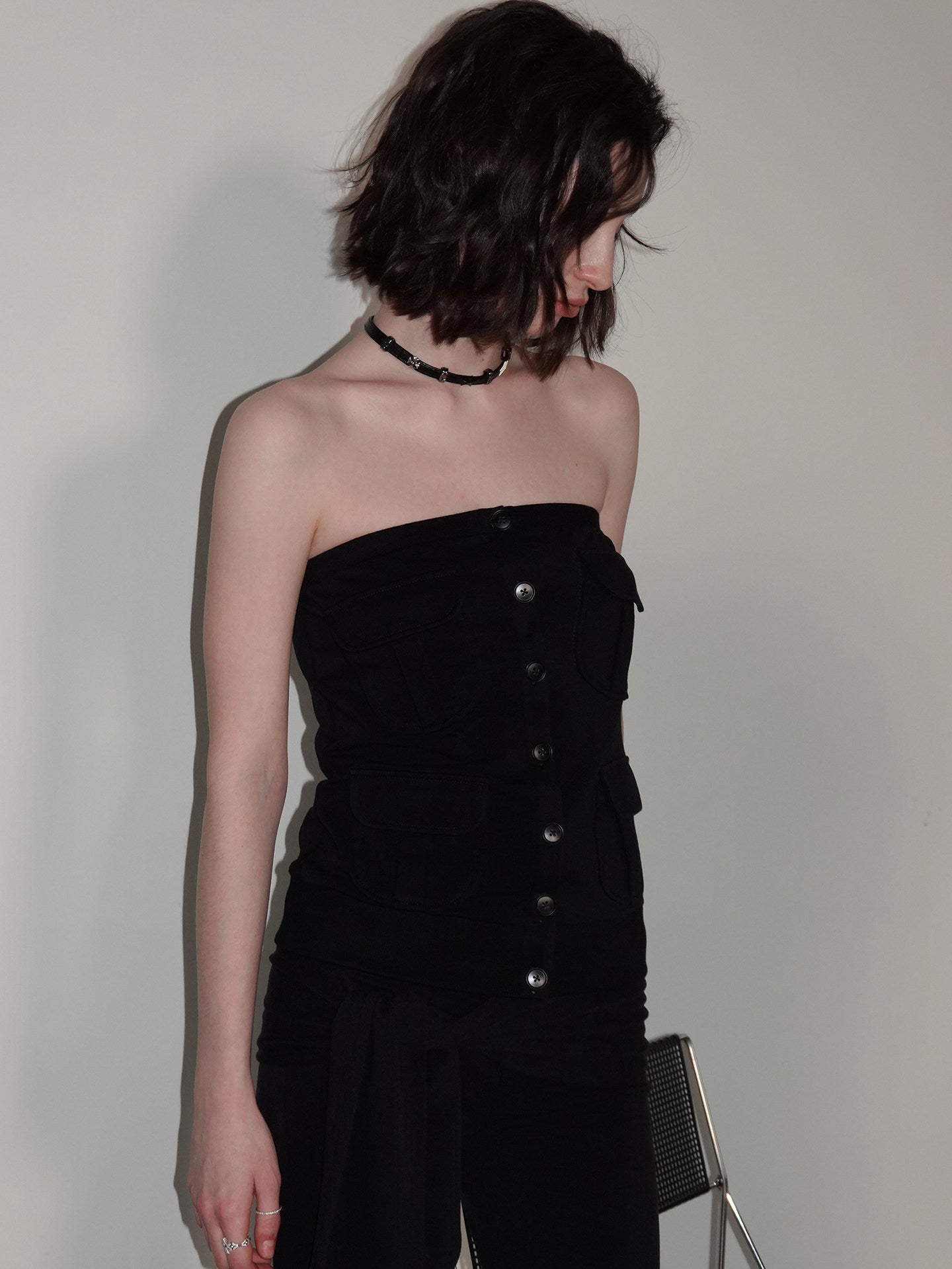 multi-pocket design cardigan / tube top
