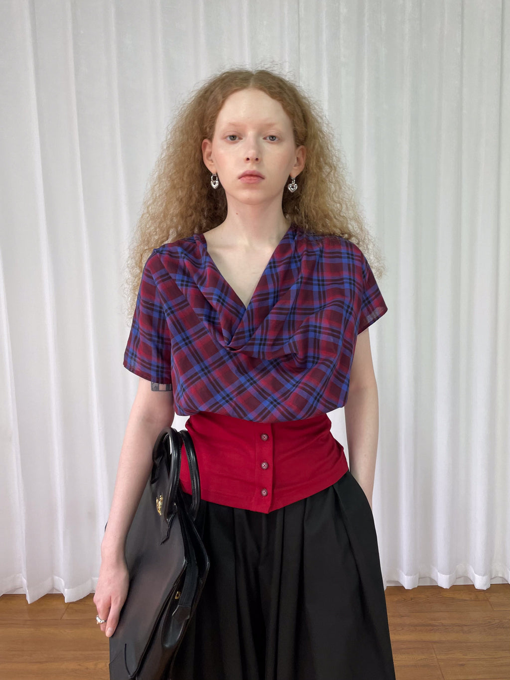 Collar short-sleeved check shirt