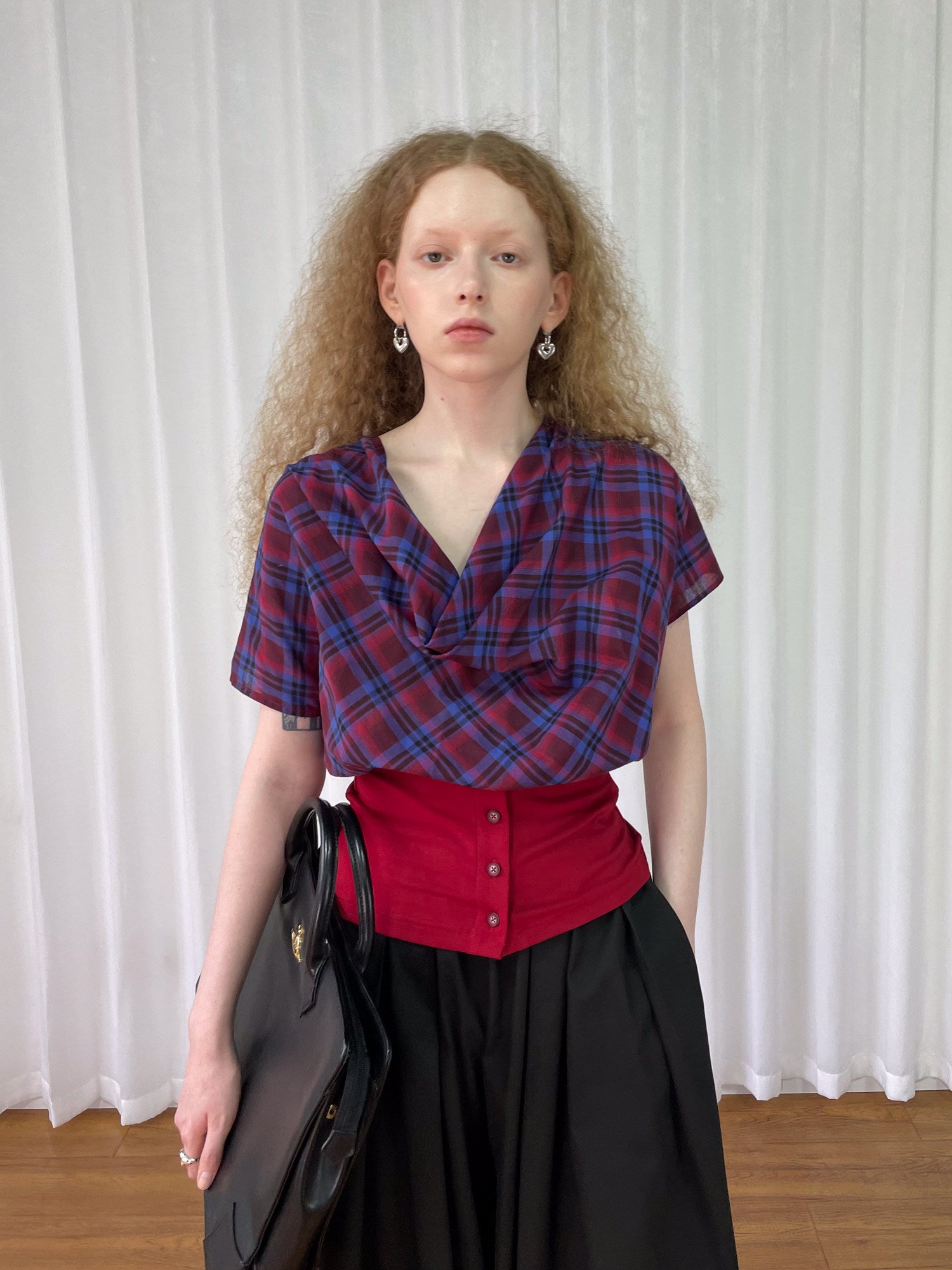 Collar short-sleeved check shirt