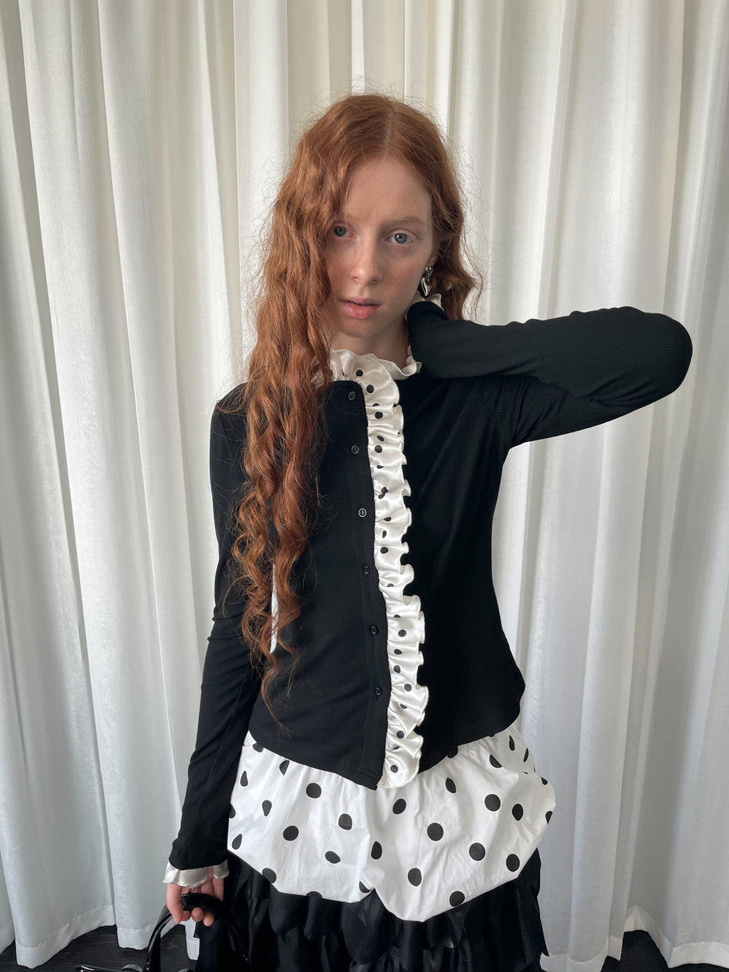 Knitted cardigan with polka dot lace