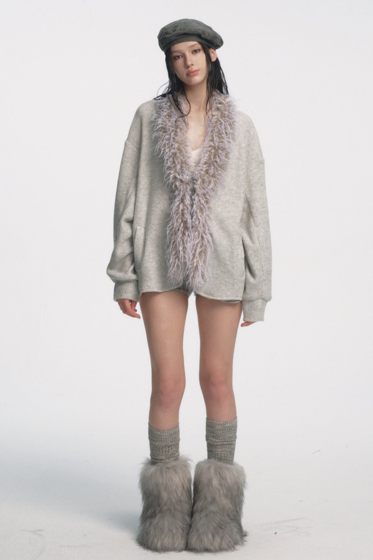 Faux Fur Collar Knit Cardigan