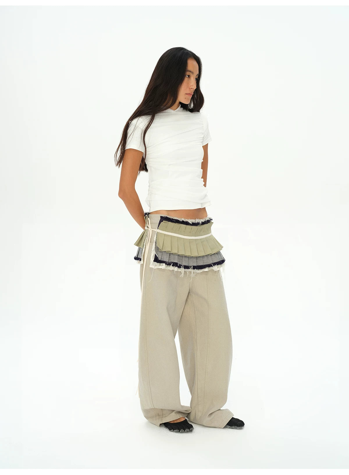 OINIMI Raw Denim Organ Skirt Piece Pleated Lace Waist Closure Fart Curtain Styling Sharps Front and Back 2 Uses