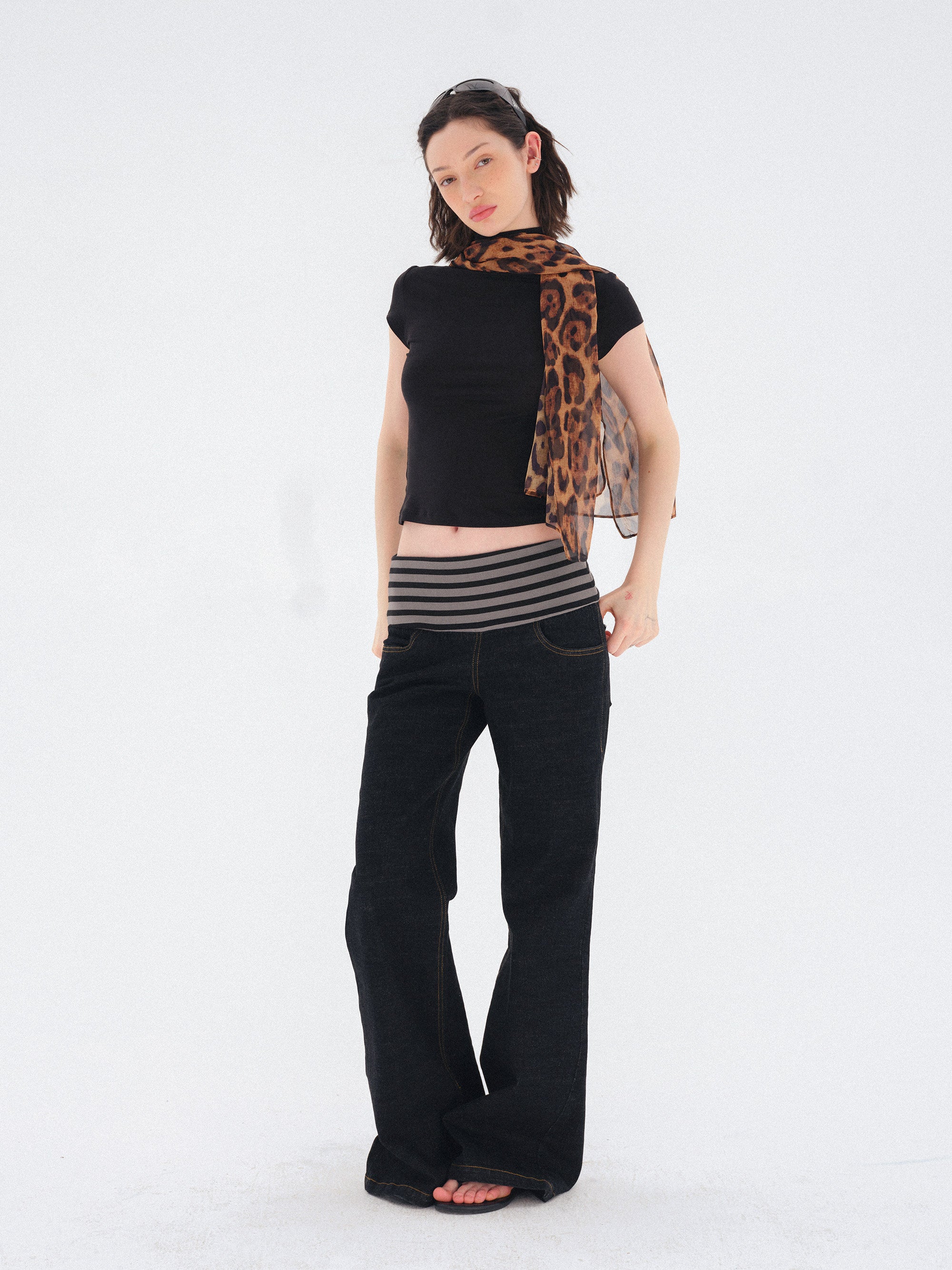 striped waist stretch denim trousers (Pre-order)