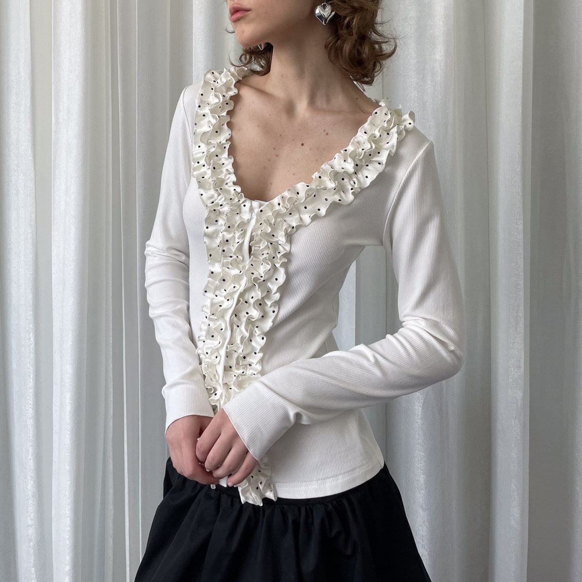 Polka dot lace collar white top