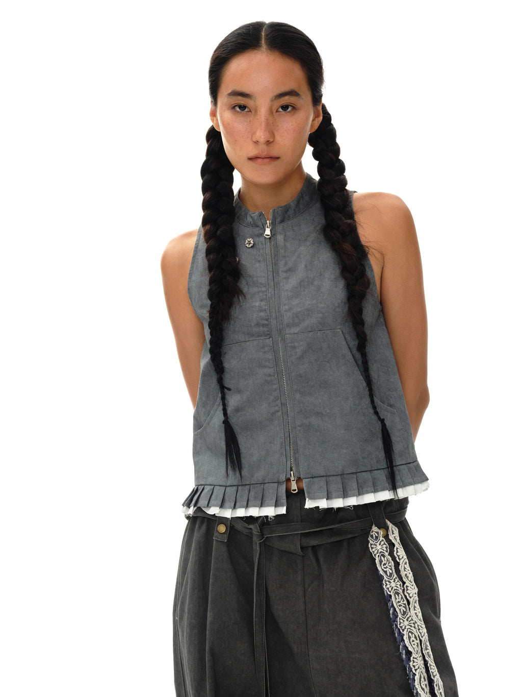 Pleated Ruffle Trim Zip Vest