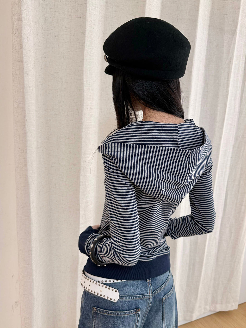 Hooded Napoleon-inspired striped top