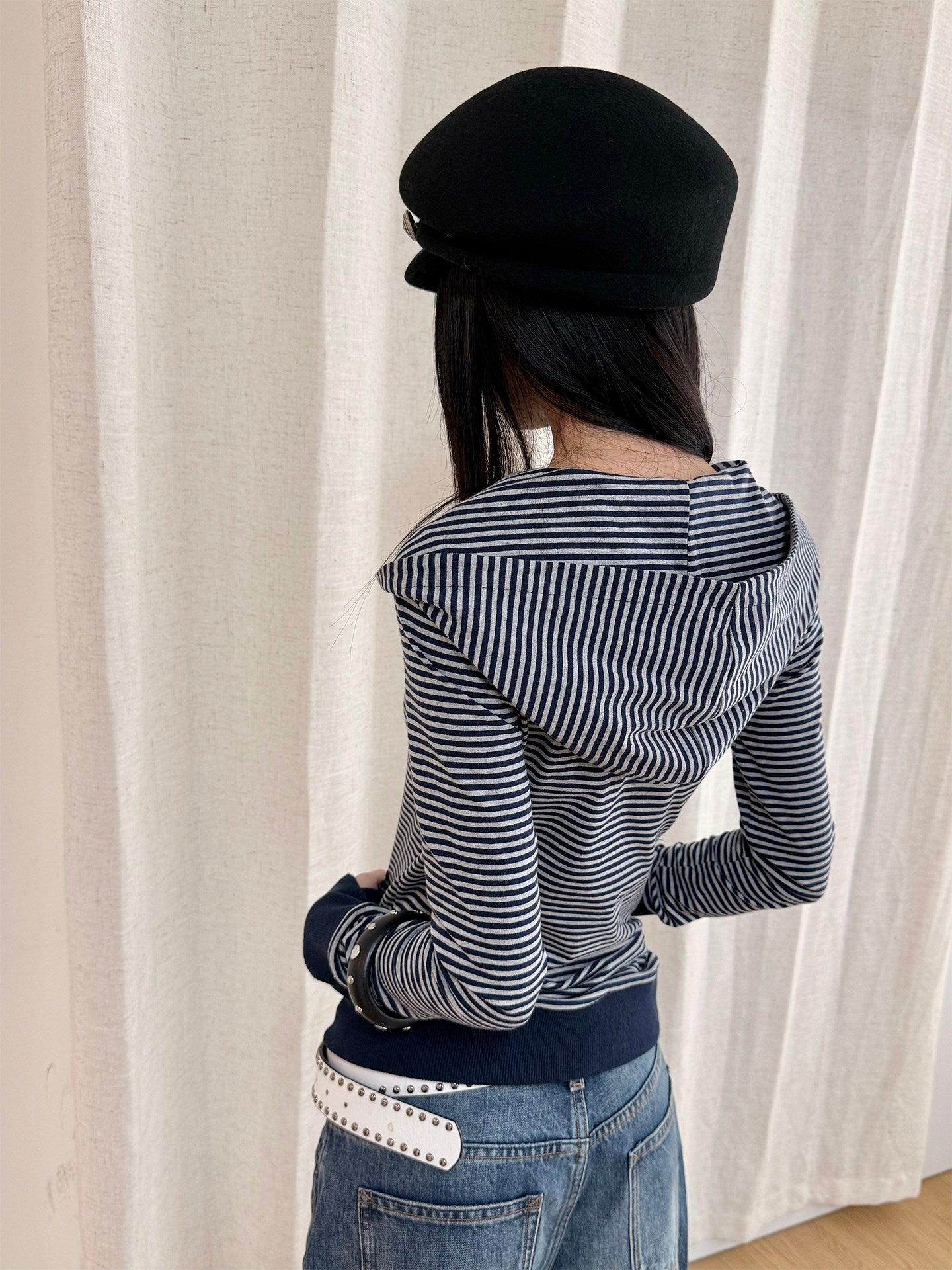 Hooded Napoleon-inspired striped top